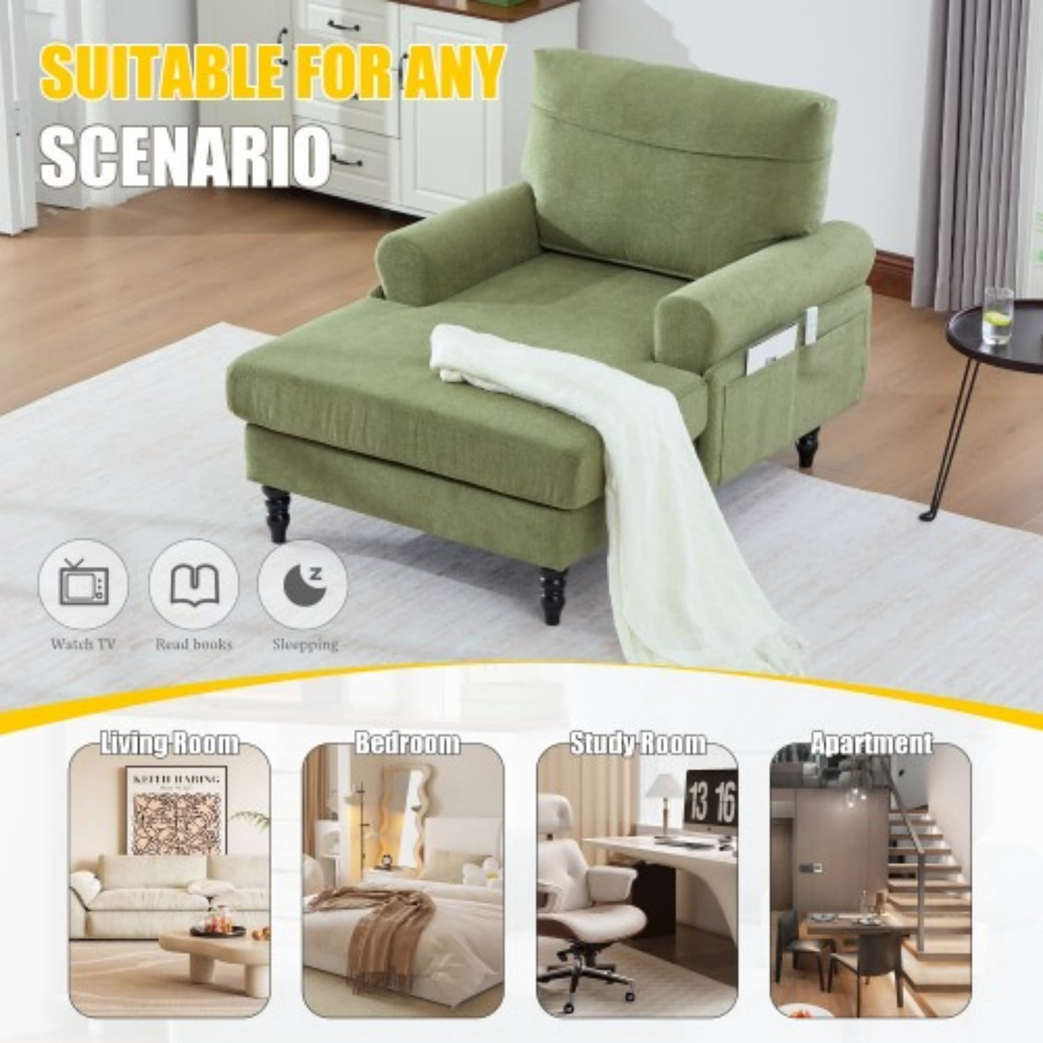 Chenille Chaise Lounge Chair, Oversized Upholstered Recliner Sofa with Wide Seat, High Density Foam Backrest, Solid Wood Legs & Side Pockets for Living Room, Bedroom, Office, Olive Green