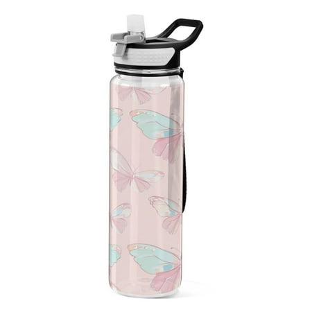 

32oz Transparent Sports Water Bottle with Straw BPA Free Tritan for Kids Adults Outdoor School Gym Fitness Pink Butterflies
