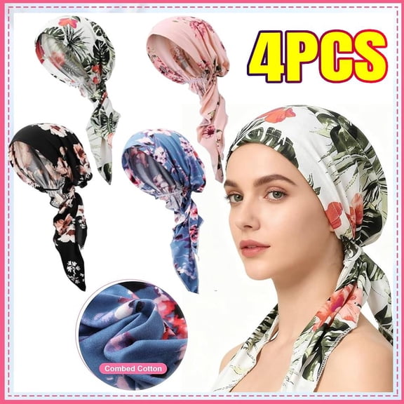4 Pcs Hair Cover Hat,Headwear for Women,Chemo Caps Lightweight with Head Scarf,Silky Soft Hair Turbans Fashion