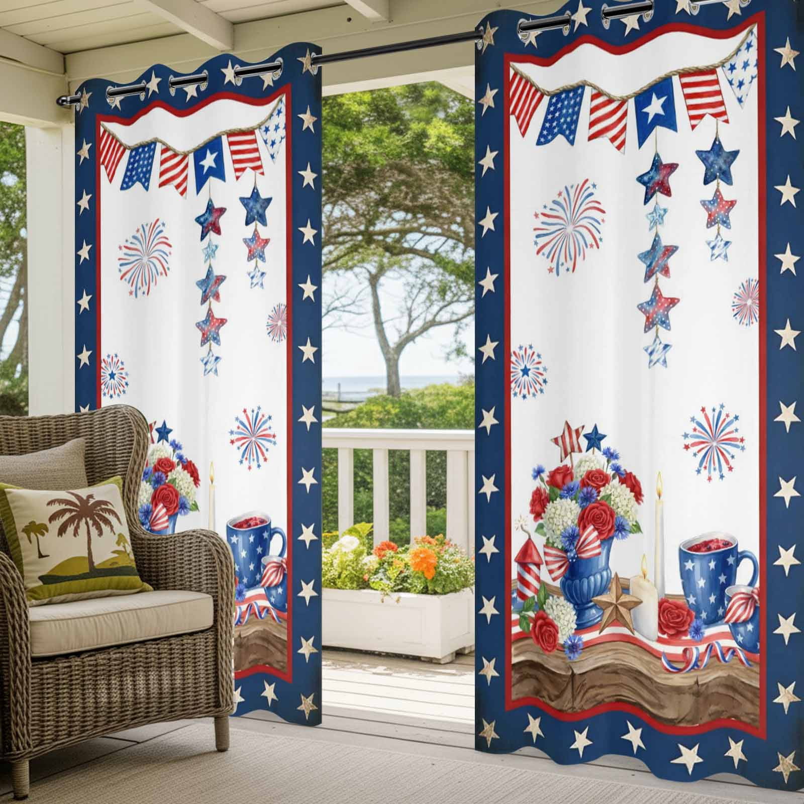 Independence Day Outdoor Curtains for Patio, Retro Red Blue USA Flag Floral Star Sunshade Privacy Drapes Grommet Waterproof Outside Curtains for Porch/Cabana/Balcony 54"x 108", 1 Panel