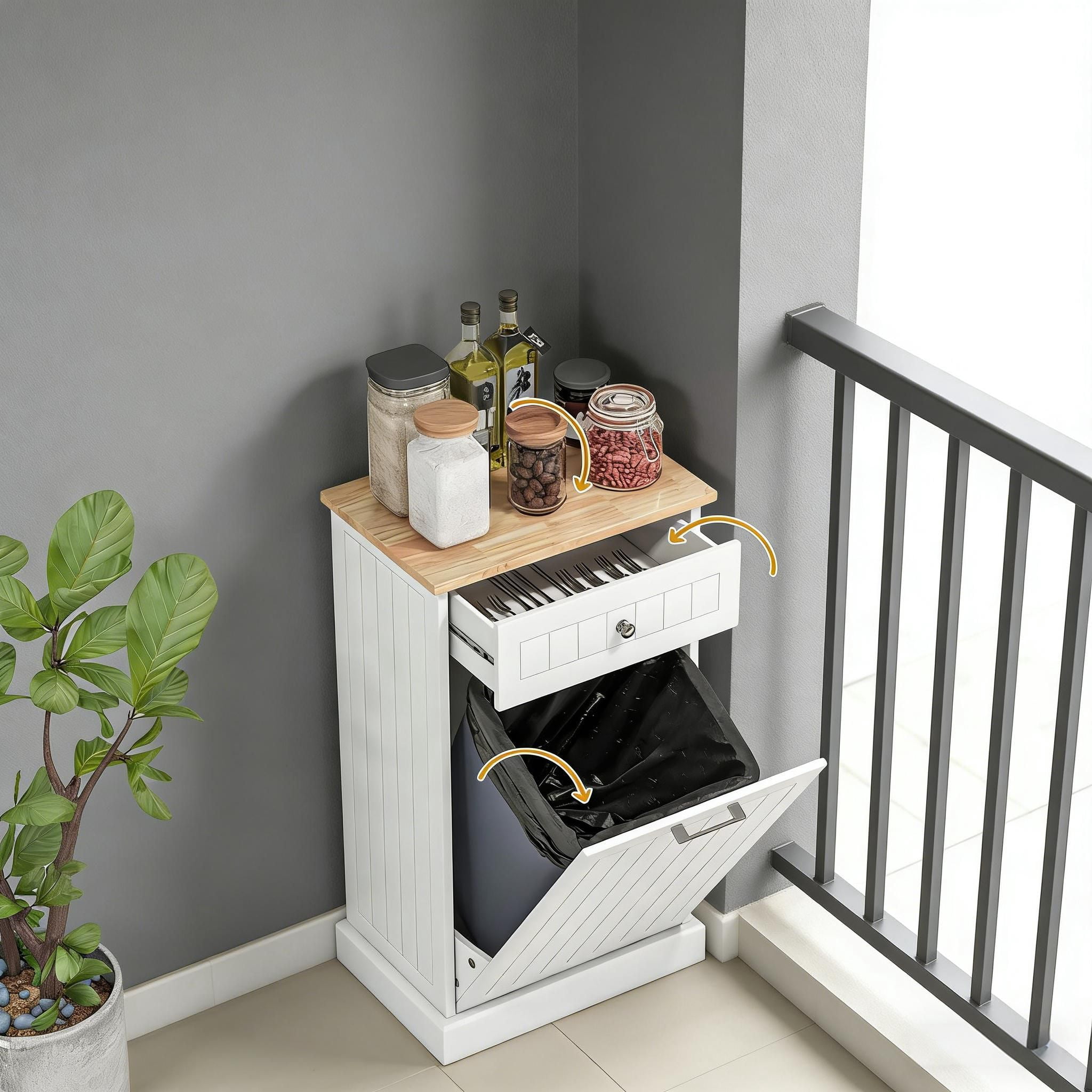Hidden Trash Can Cabinet with Storage Drawer, Tilt-Out Door, Fits Up to 10 Gallon Bin, MDF and Particle Board, 20 in Wide, for Kitchen, Hallway, Laundry Room