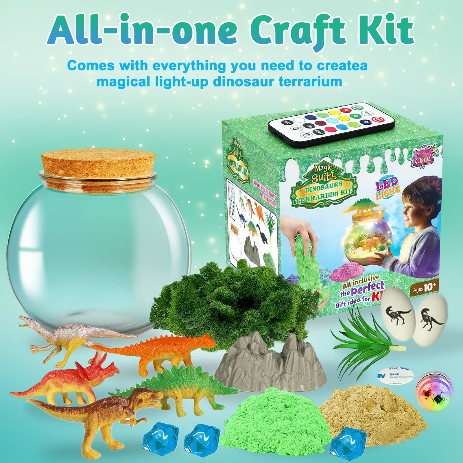 Sunforu Dinosaur Terrarium Kit with 13-Color LED Night Light & Remote, DIY Prehistoric Garden, Creative Craft Toy, Unique Birthday Christmas Gift for Kids Boys Girls Ages 6+