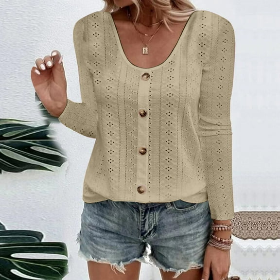 Honeeladyy Fashion Women's Button Round-Neck Long Sleeve Casual T-shirt Blouse for School College Library (Khaki,3XL)