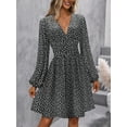 thumbnail image 4 of Women's Fall A-Line Midi Dress V-Neck Long Lantern Sleeve Elastic Waist Ruffle Flowy Swing Spring Dresses, 4 of 5