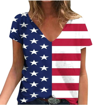 

kakina CMSX Womens Tops Summer Fashion Summer V-Neck Short Sleeve Independence Printed Casual T-shirt Blouse Ladies Casual Tops Blue S