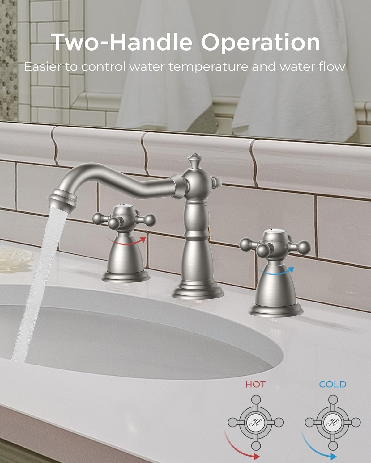 Brushed Nickel 3 Hole Bathroom Sink Faucets 2 Cross Handles, 8 Inch Widespread Antique Brass Viantage Bathroom Faucet for RV Vanity Farmhouse with Metal Pop Up Drain and Supply Lines
