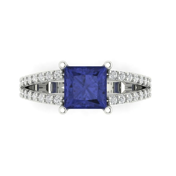 2.44ct Princess Cut Blue Tanzanite 14k White Gold Engraving Statement Bridal Wedding Designer Ring Size 7.5