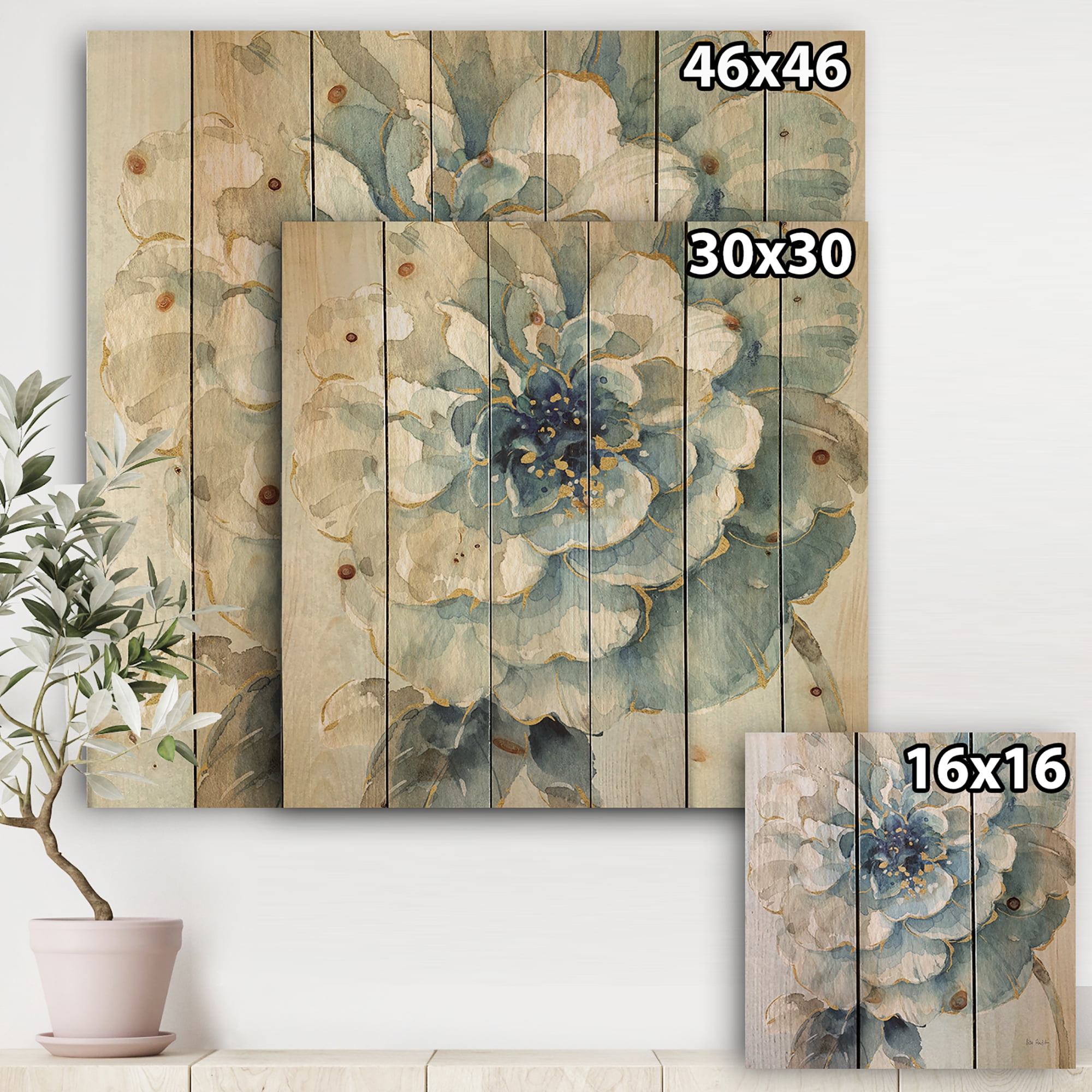 Designart 'Indigold Watercolor Flower II' Farmhouse Print on Natural Pine Wood
