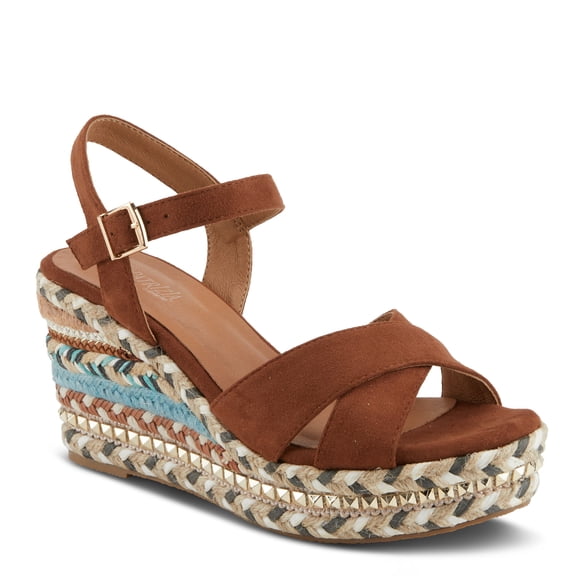PATRIZIA Women's SLOANE Suede Ankle Strap Espadrille Wedge Sandals – Crisscross Design, Pyramid Stud Accents, Adjustable Buckle Closure