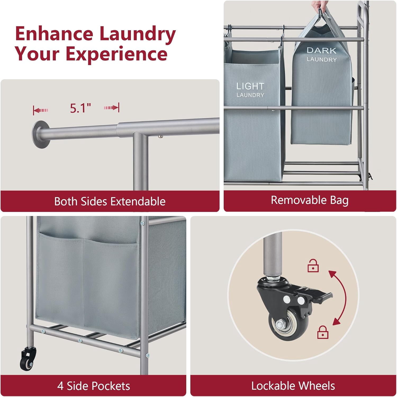 Laundry Sorter Cart with Hanging Clothes Rack, 4 Butler Sorter Basket Organizer, Laundry Hamper Cart with Heavy Duty Rolling Lockable Wheels
