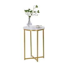 Wqmh Round End Table, Faux Marble Sofa Table, Accent Side Table with Metal Frame, Modern Gold Nightstand, Tall Coffee Table for Living Room, Bedroom