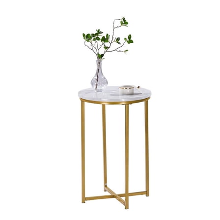Wqmh Round End Table, Faux Marble Sofa Table, Accent Side Table with Metal Frame, Modern Gold Nightstand, Tall Coffee Table for Living Room, Bedroom