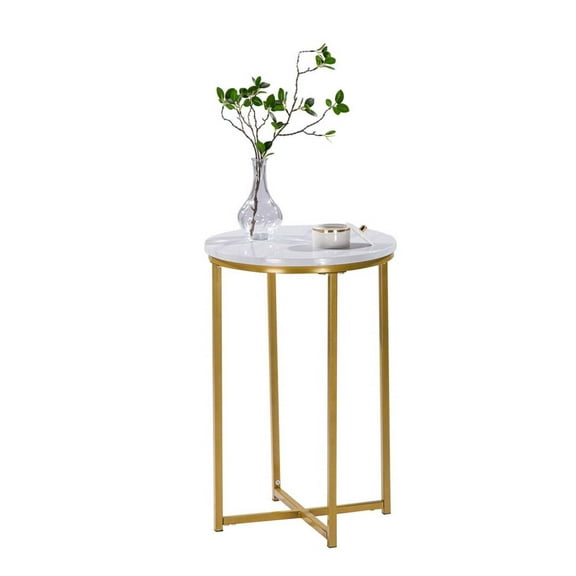 Wqmh Round End Table, Faux Marble Sofa Table, Accent Side Table with Metal Frame, Modern Gold Nightstand, Tall Coffee Table for Living Room, Bedroom
