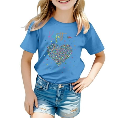 LUOGENLI T-Shirt pour Filles Imprimé Coloré Carnaval Col Rond Manches Courtes T-Shirts pour Filles Longueur Genou Travail Bleu 6-7 Ans