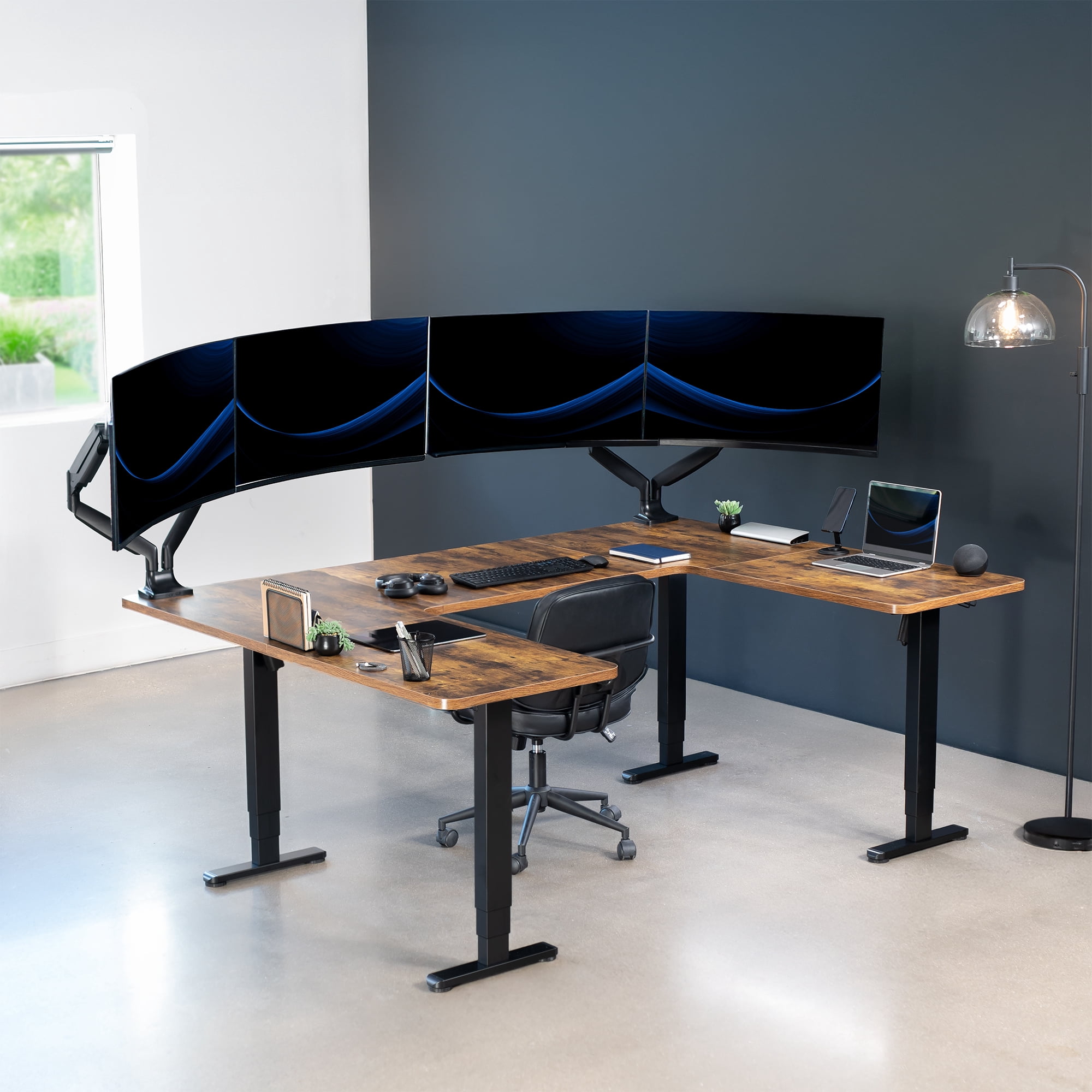 VIVO Vintage Brown/Black U-Shaped 83"x60" Height Adjustable 4-Leg Electric Desk