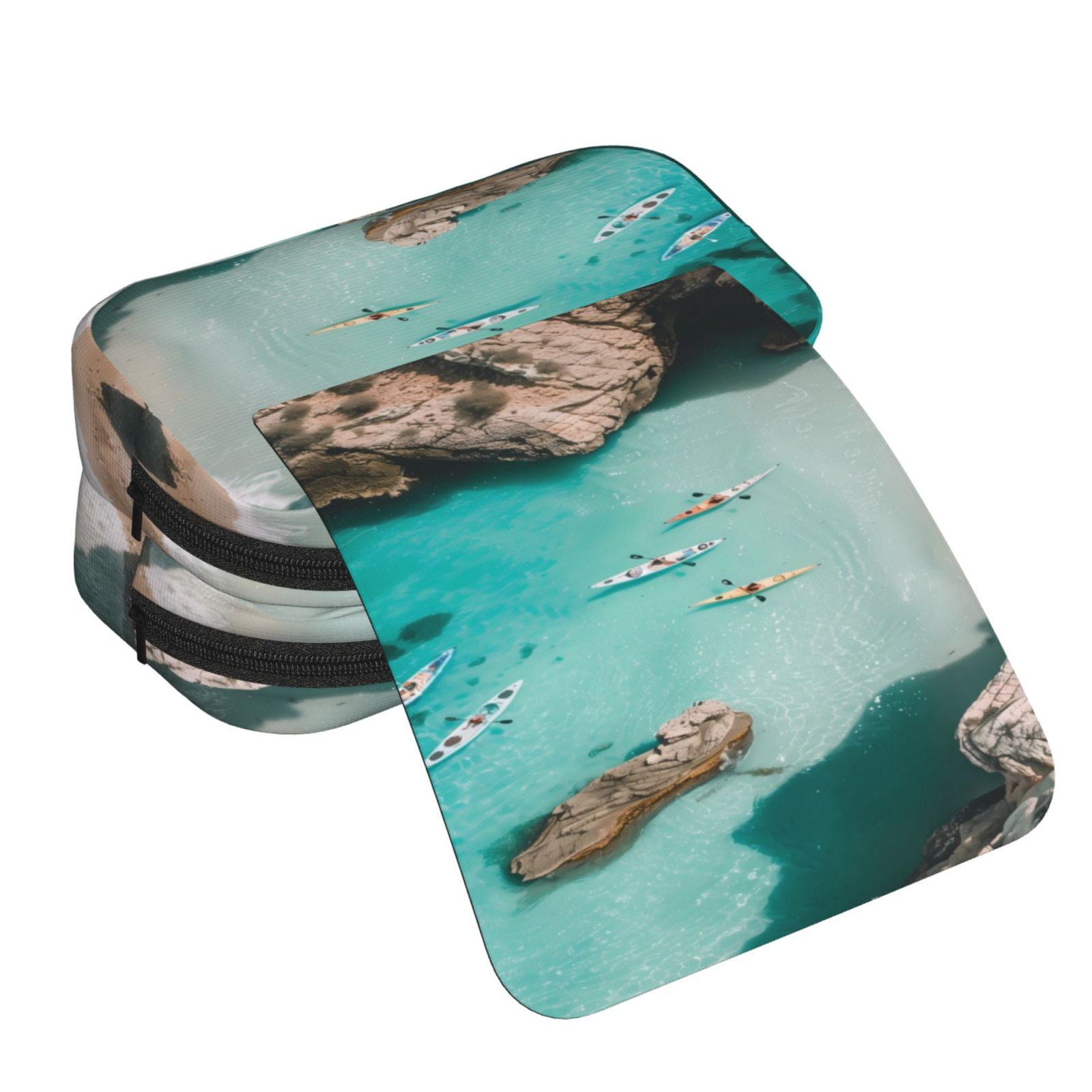 Rateoe Turquoise Beach Kayaking Pattern Double Clamshell Pen Case, Storage Organizer with Two Zipper Compartments– Holds Up to 50 Pencils & Pens
