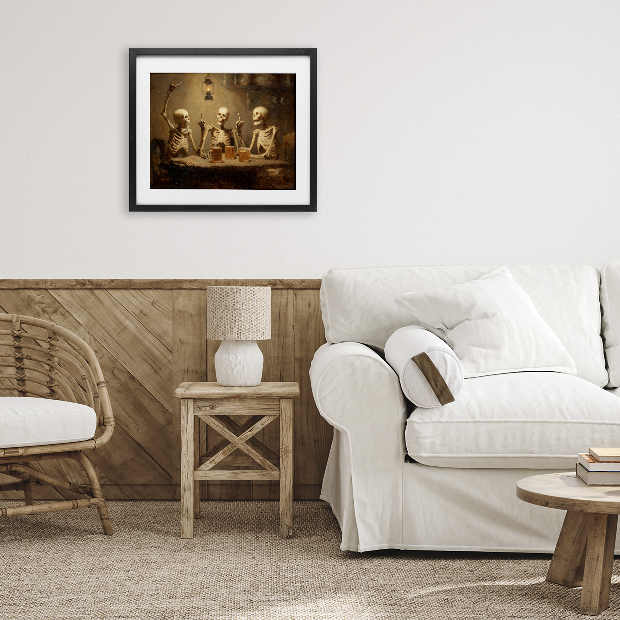 Skeletons Drinking at Tavern Black Framed Print Under Glass, design by Arlington Prints