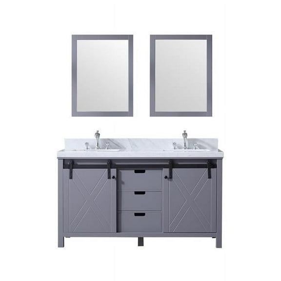 60 x 24 in. Marsyas Double Vanity Set with Carrera Marble Top Ceramic Square Undermount Sinks & Mirrors - Dark Grey with White