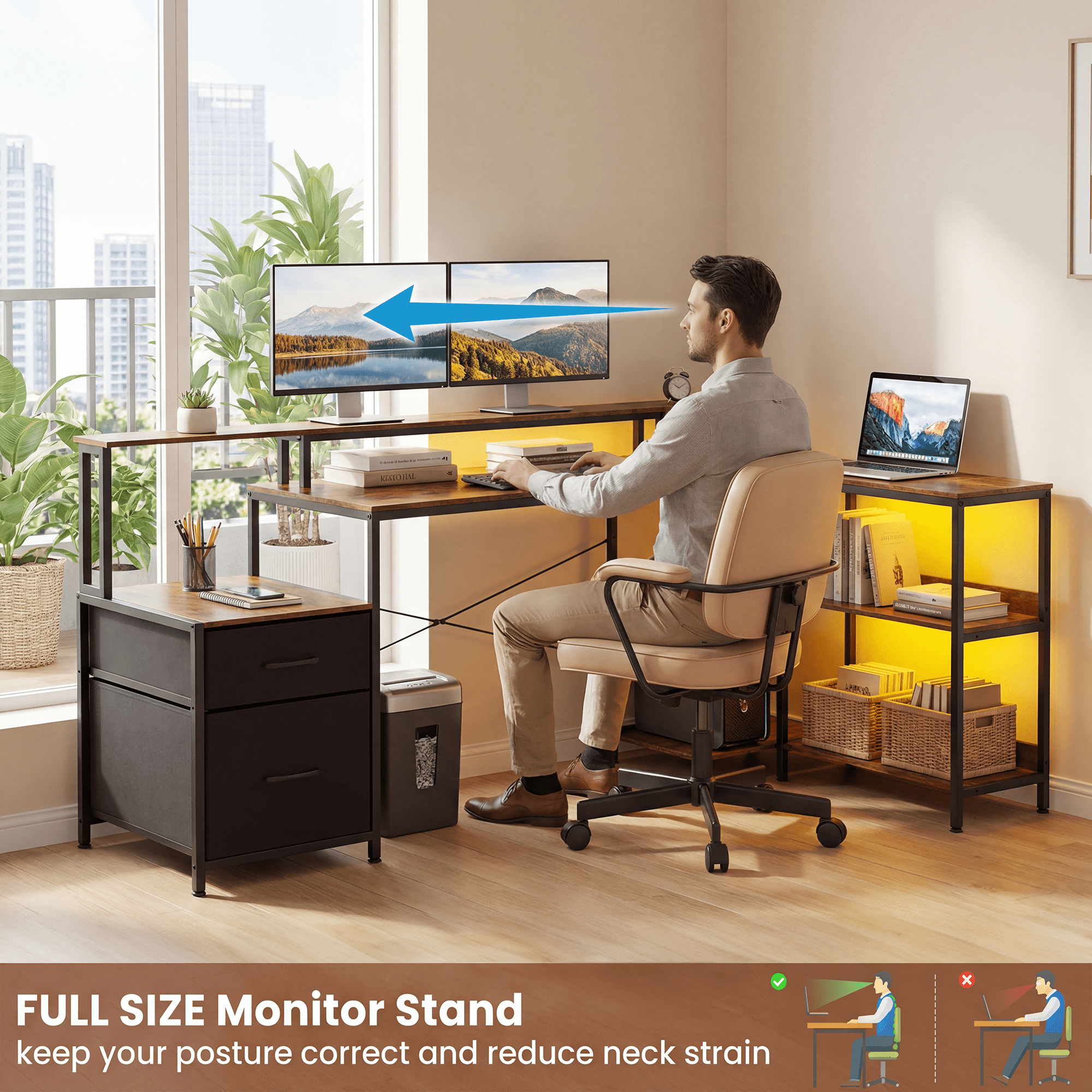 IULULU 75" Reversible L-Shaped Gaming Desk with Power Outlet and LED Strip, Computer Desk with Storage Shelves for Home Office, Rust