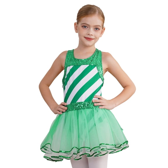 YiZYiF Kids Girls Sequin Stripe Ballet Leotard Tutu Dress Christmas Dance Figure Skating Costumes Green-A 4
