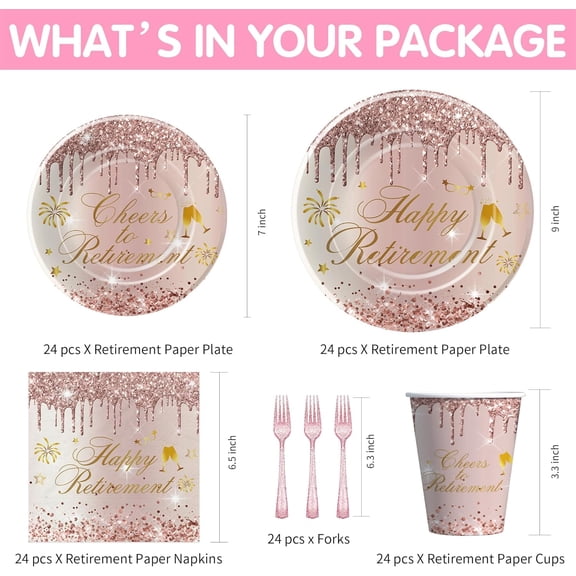 YUYAN-Retirement Decorations For Women, Rose Gold Happy Retirement Party Decorations Supplies Tableware, Paper Plate, Cup, Napkin, Disposable Fork, Serve 24
