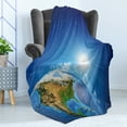 thumbnail image 4 of Earth Soft Flannel Fleece Throw Blanket, United States View in Space Rising Sun over the Earth and Its Landforms, Cozy Plush for Indoor and Outdoor Use, 70" x 90", Blue Green Pale Brown, by Ambesonne, 4 of 5