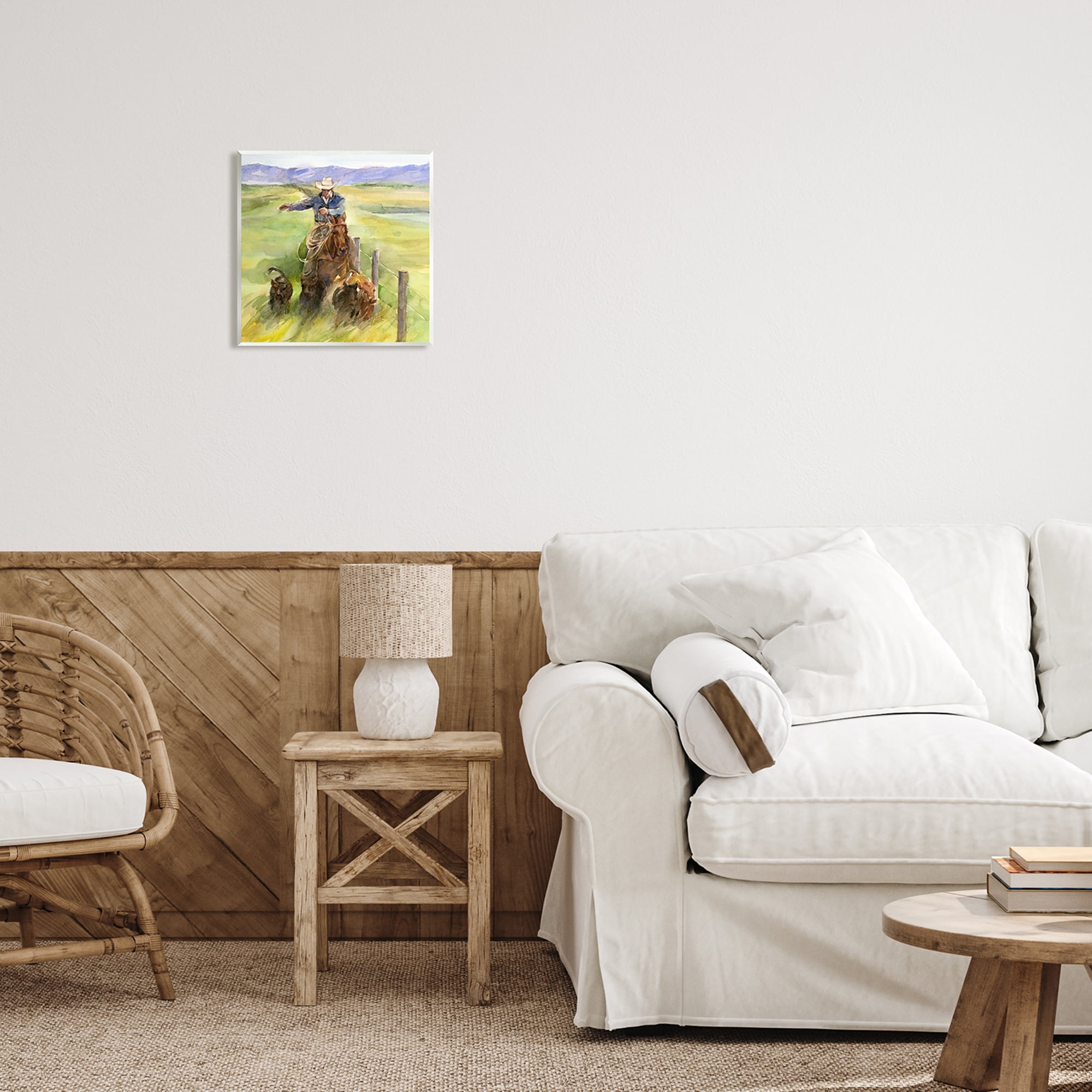 Stupell Industries Cowboy with Cattle Watercolor Animals & Insects Painting Unframed Art Print Wall Art, 12 x 12
