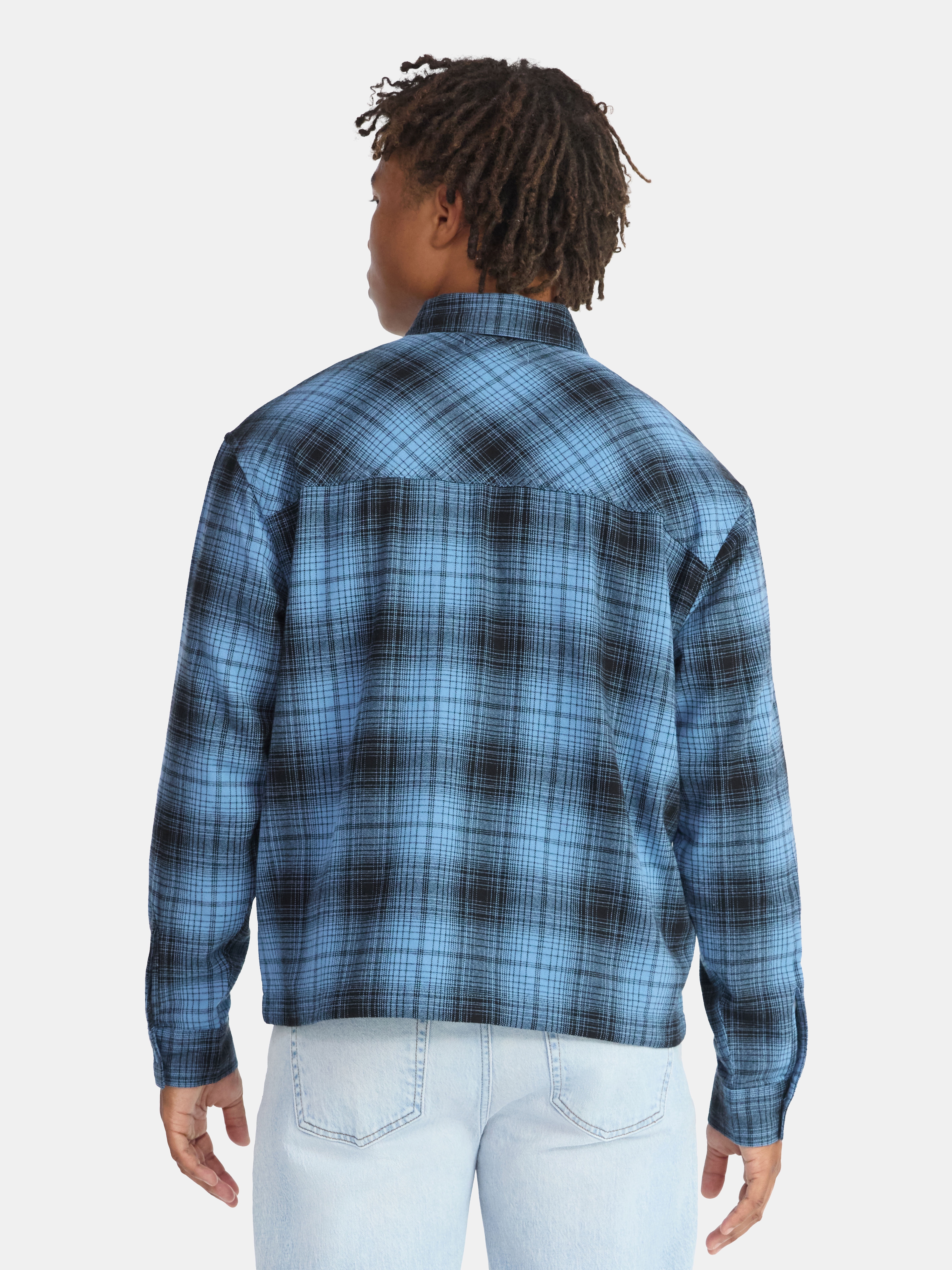No Boundaries Collared Cotton Boxy Cropped Fit Flannel Shirt, Men's and Big Men's Sizes XS-5XL