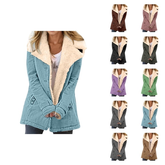 Womens Winter Jacket Long Sleeve Lined Button Suede Notch Collar Cardigan Coat with Pockets Outerwear