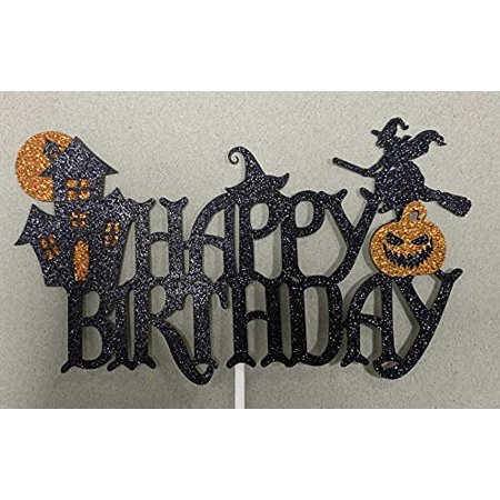 Happy Halloween Glitter Cake Topper — Black Glitter Sign With Sticks For Halloween Party & Cake Decor