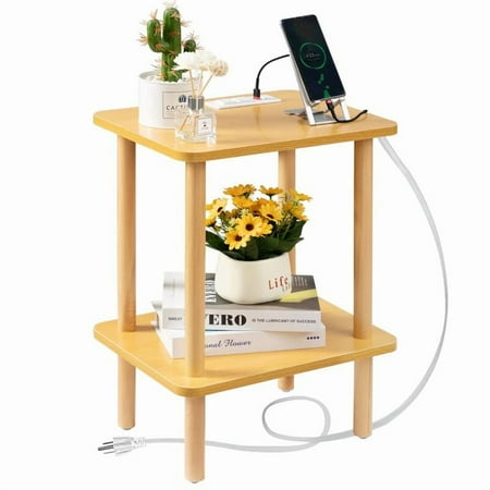 Side Table with Charging Station, Small Side Table with 2 USB Ports and Outlets, Small End Tables for Small Spaces in Living Room, Bedroom & Nursery, 2 Tier Small Nightstand