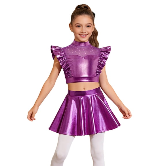 SiiRoh Girls Modern Jazz Latin Ballet Dance Outfits Sparkly Rhinestone Mock Neck Crop Top with Metallic Skirt Purple 14