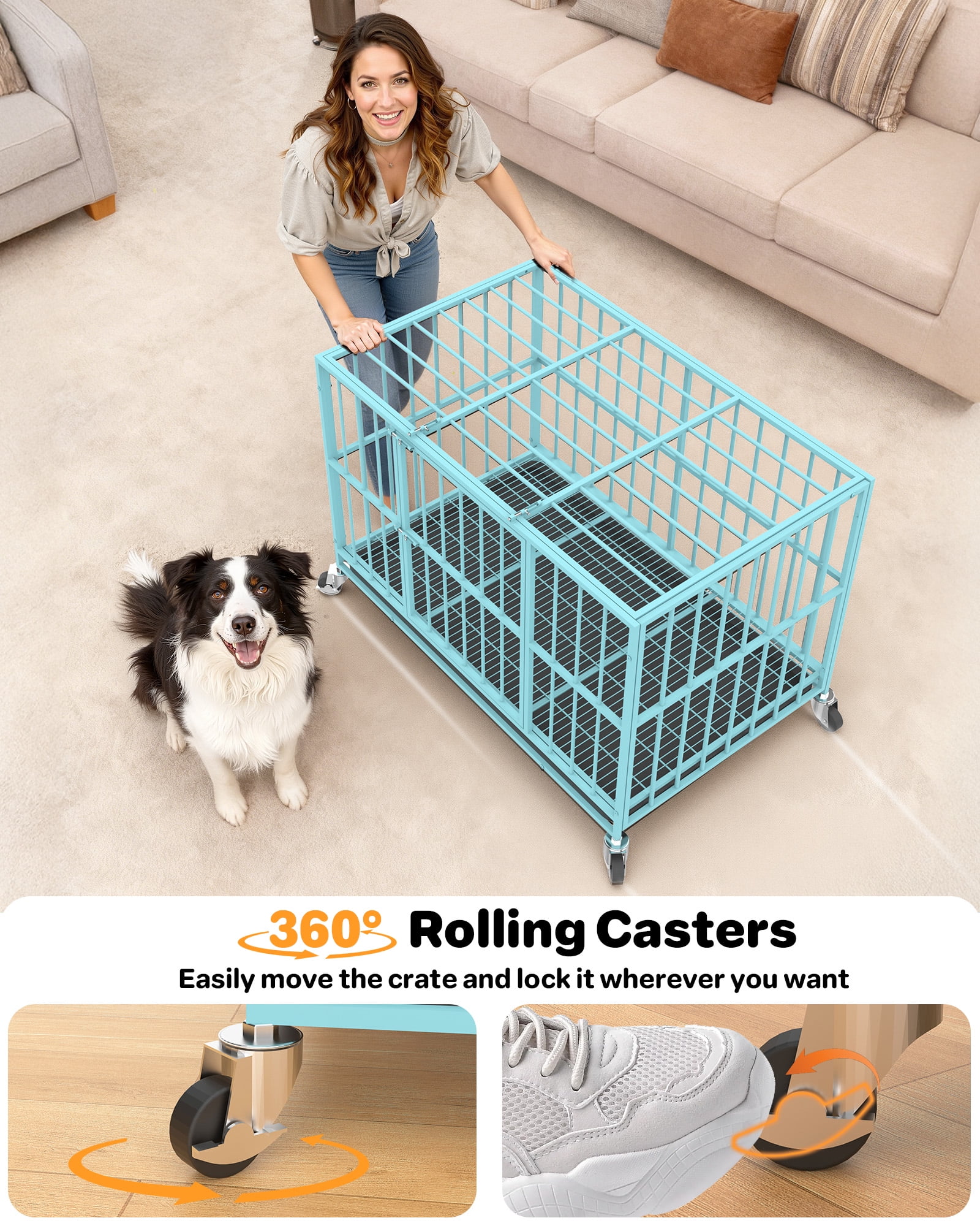 TIME RAY 48 Inch Heavy Duty Indestructible High Anxiety Dog Crate Cage for Large Dog with Steel Escape Proof, Double Doors,Lockable Wheels and Removable Tray,Blue