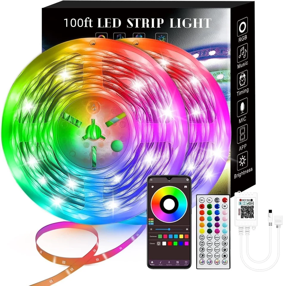 Zyler - 100Ft Led Strip Lights, Smart Light With App Remote Control, Rgb Led Lights For