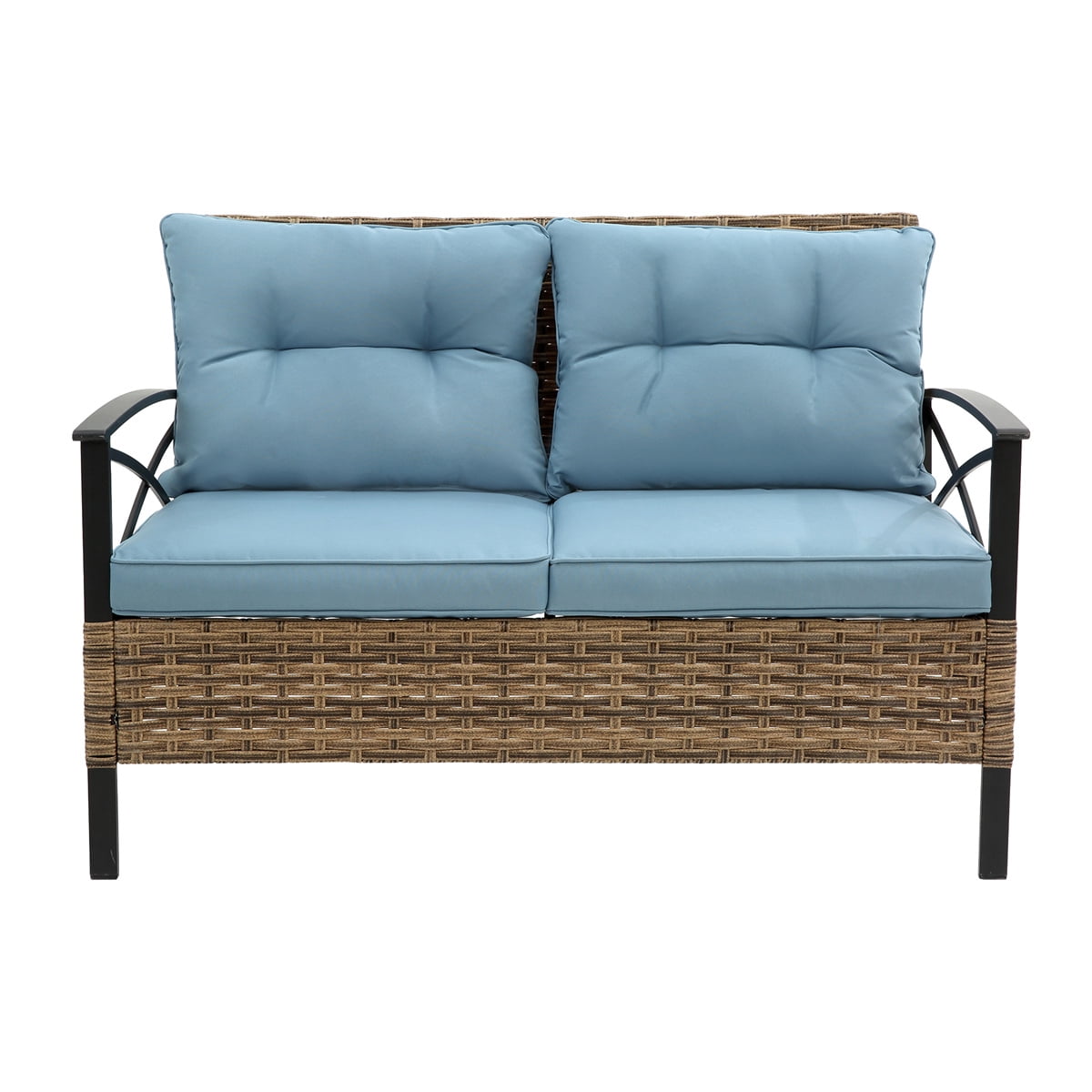 HighSound Patio Furniture Set, 4 Piece Outdoor Patio Conversation Set, All-Weather PE Rattan Wicker Sectional Patio Sofa Set with Coffee Table, Blue Cushions