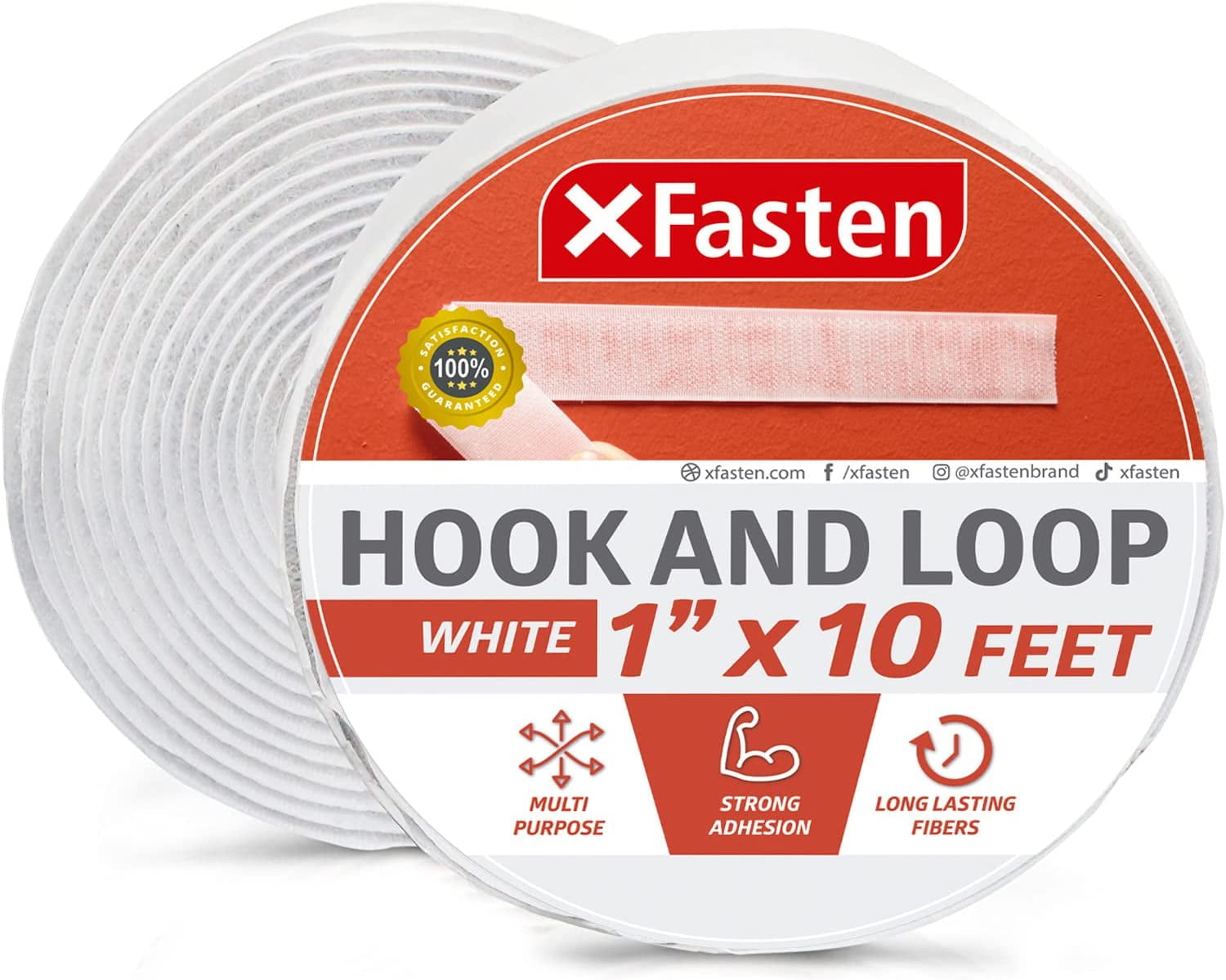 XFasten Adhesive Hook and Loop, White, 1Inch x 10Foot Sticky Back DoubleSided Hook Loop Tape