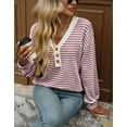 thumbnail image 2 of Women's Casual Loose V-Neck Striped Button Wine Red Pullover Sweatshirt,Spring/Autumn/Winter,S-2XL, 2 of 6