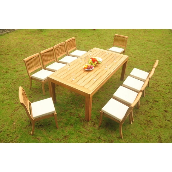 Teak Dining Set: 10 Seater 11 Pc: 82" Canberra Rectangle Table & 10 Armless Arbor Stacking Chairs Outdoor Patio Grade-A Teak Wood WholesaleTeak #WMDSAB54