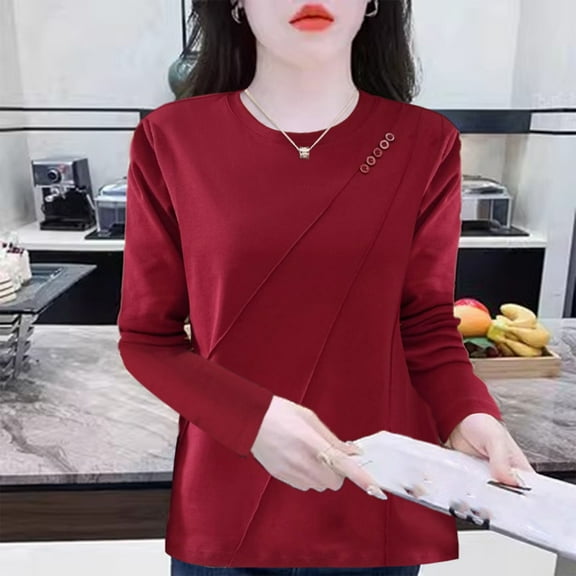 Womens Tops Long Sleeved Round-neck Casual Fall/Winter Loose Blouses Shirts Red M,Blouse for Women