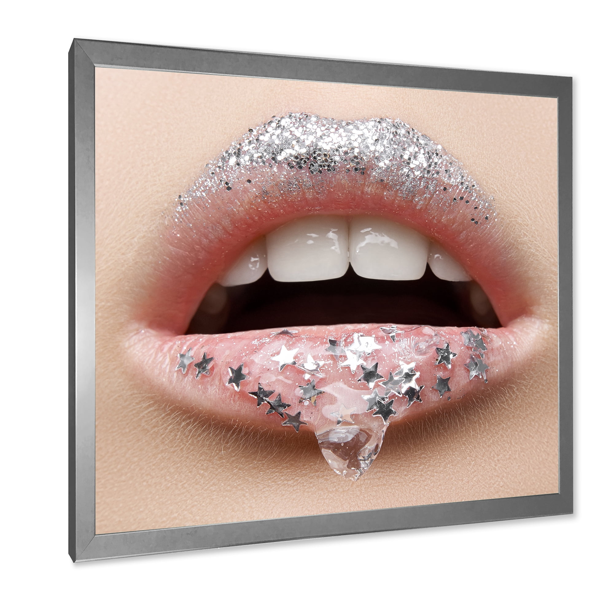 Designart 'Woman Lips With A Gel On The Lips & Stars' Modern Framed Art Print