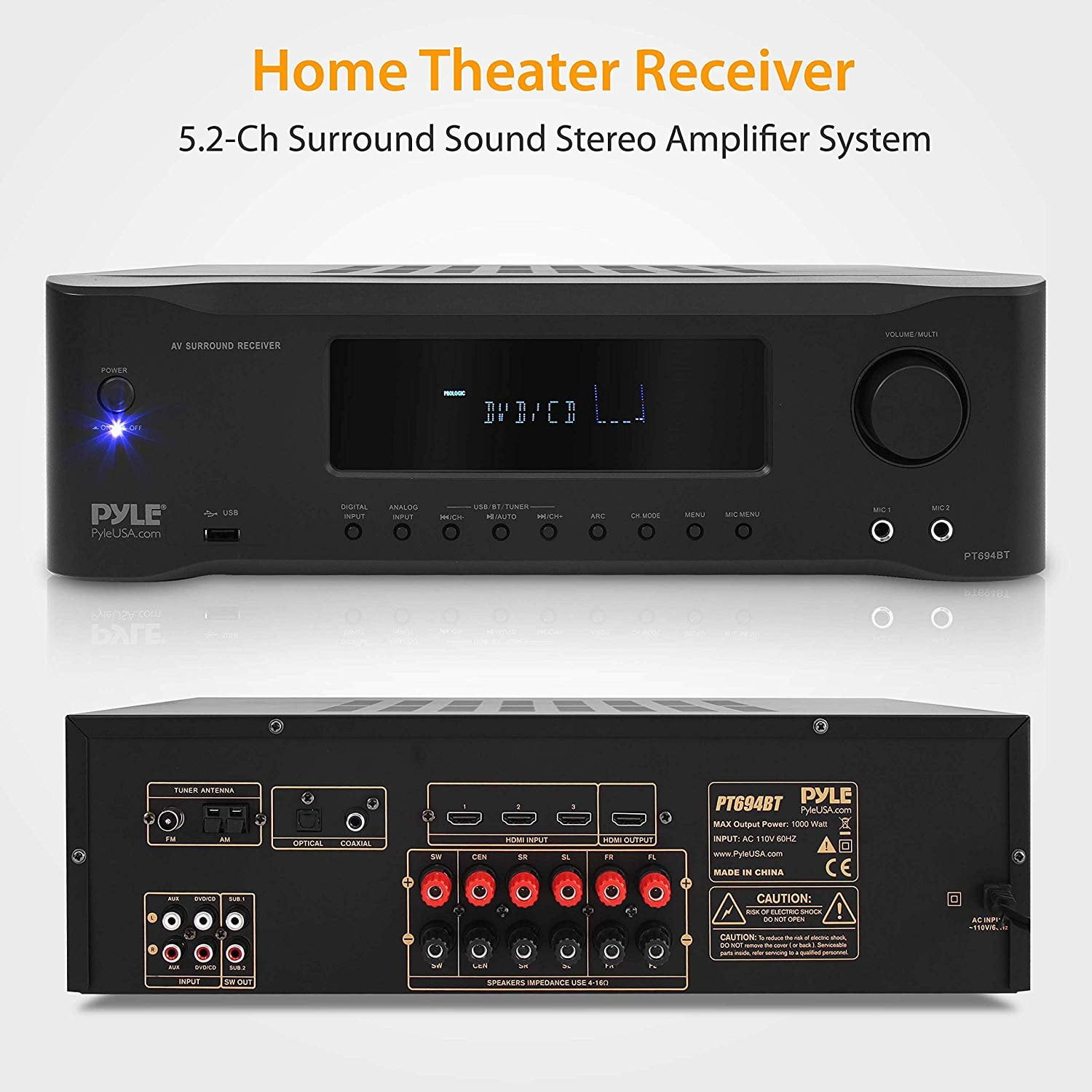 MP3/USB/AM/FM Radio 1000W Bluetooth Home Theater Receiver 5.2-Ch Surround Sound Stereo Amplifier System with 4K Ultra HD Renewed Pyle PT696BT 3D Video & Blu-Ray Video Pass-Through Supports 
