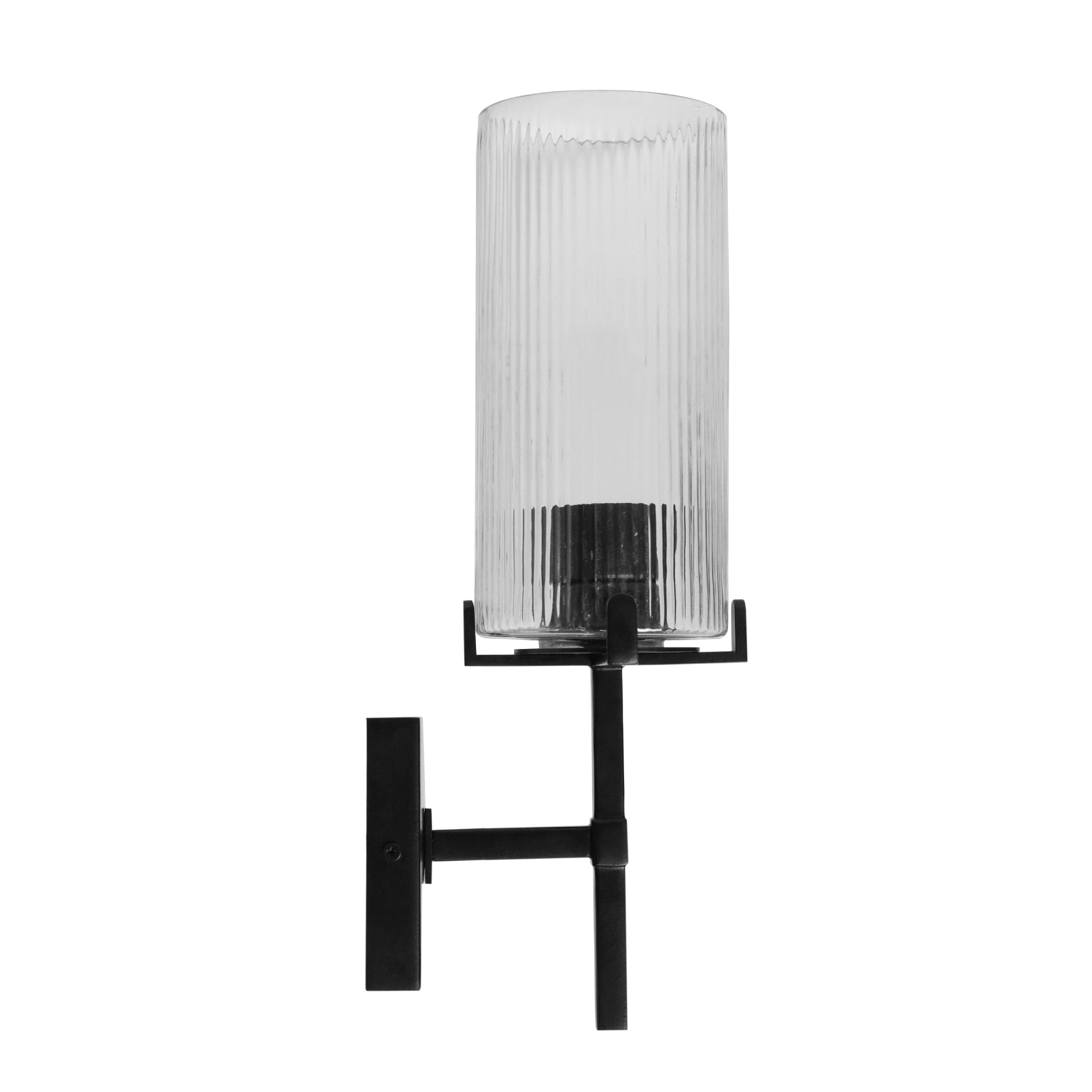 Better Homes & Gardens 14", Indoor Ribbed Wall Sconce, Bulb Not Included, Black Finish Clear Glass Shade