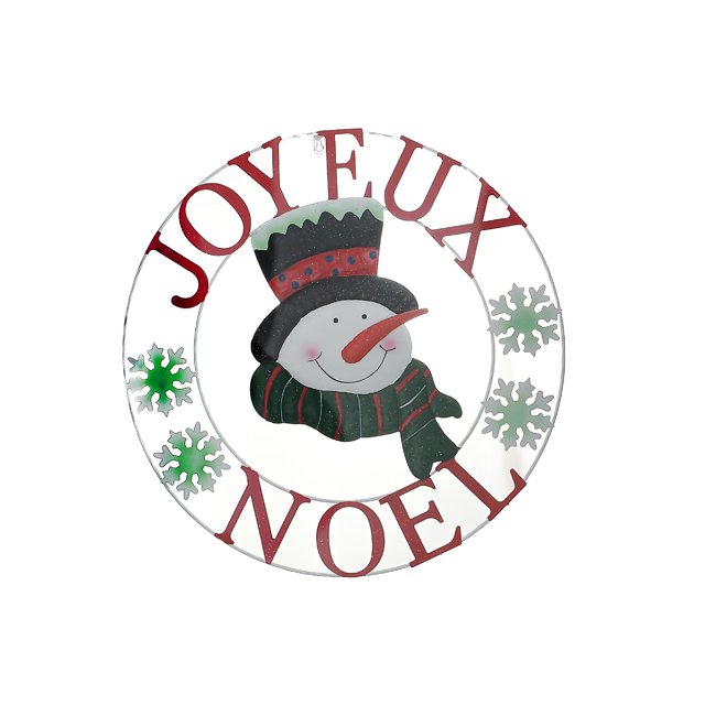 24-inch metal Christmas wheel décor featuring a smiling snowman wearing a black top hat and striped scarf, surrounded by red 'Joyeux Noel' text and green snowflakes.