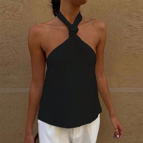 Womens Tank Tops Sleeveless Front Criss Cross Halter Neck Top Summer Casual Blouse Shirts Black M