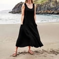 thumbnail image 4 of CHOK Robe Décontractée en Lin et Coton Uni Col en U pour Femmes Sans Manches 2024 avec Poches Bleu 4TG, 4 of 7