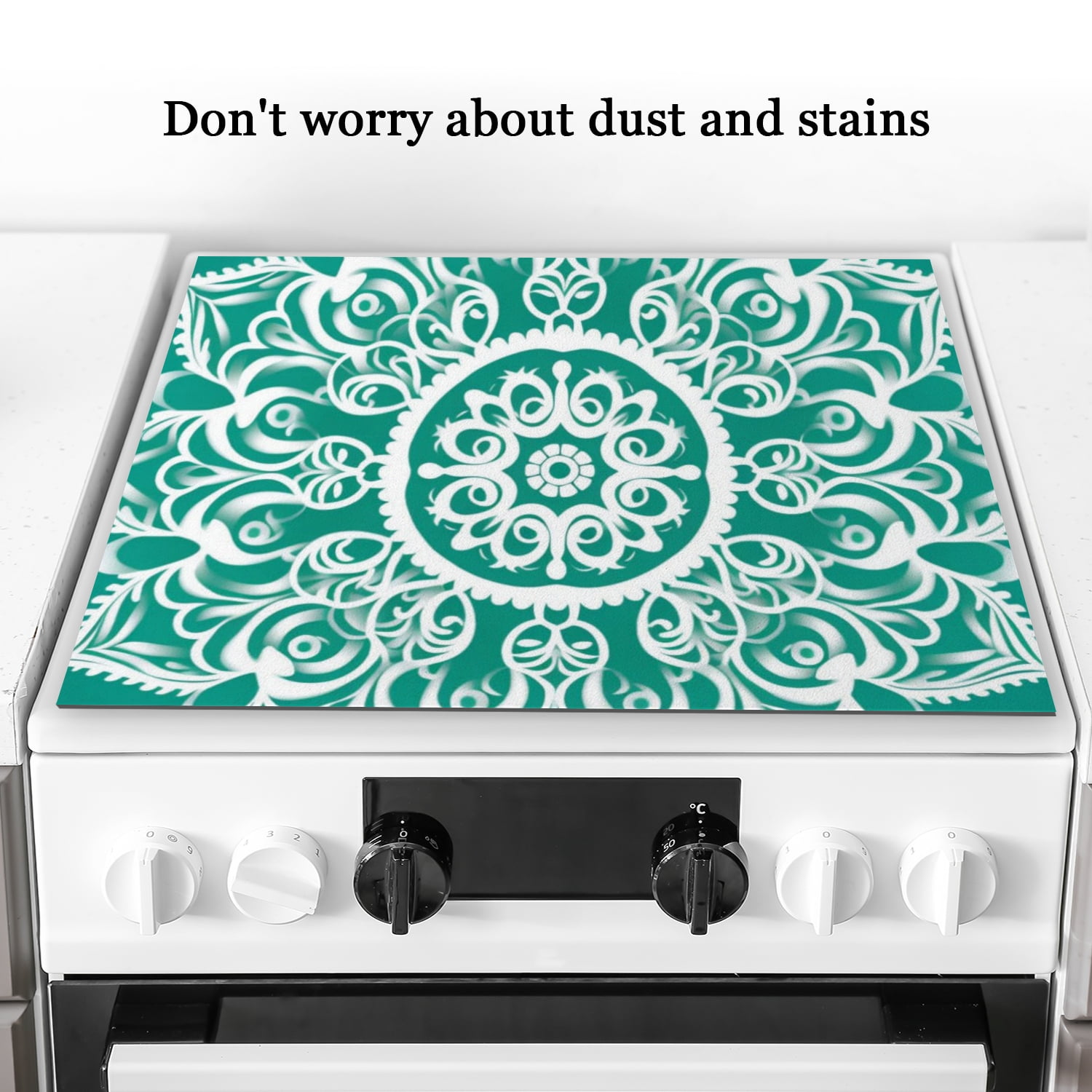 Stove Top Covers For Electric Stoves, Green and White Mandala Pattern Design Heat Resistant Cooktop Protector Mat, Square Durable Foldable Kitchen Decor Pad for Kitchen RV (28×20 Inch)