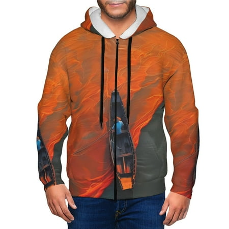 Jgfou Orange Net Fishing Boat Print Mens Hoodie Full-zip Zip-up Hooded Sweatshirt For Men-Small
