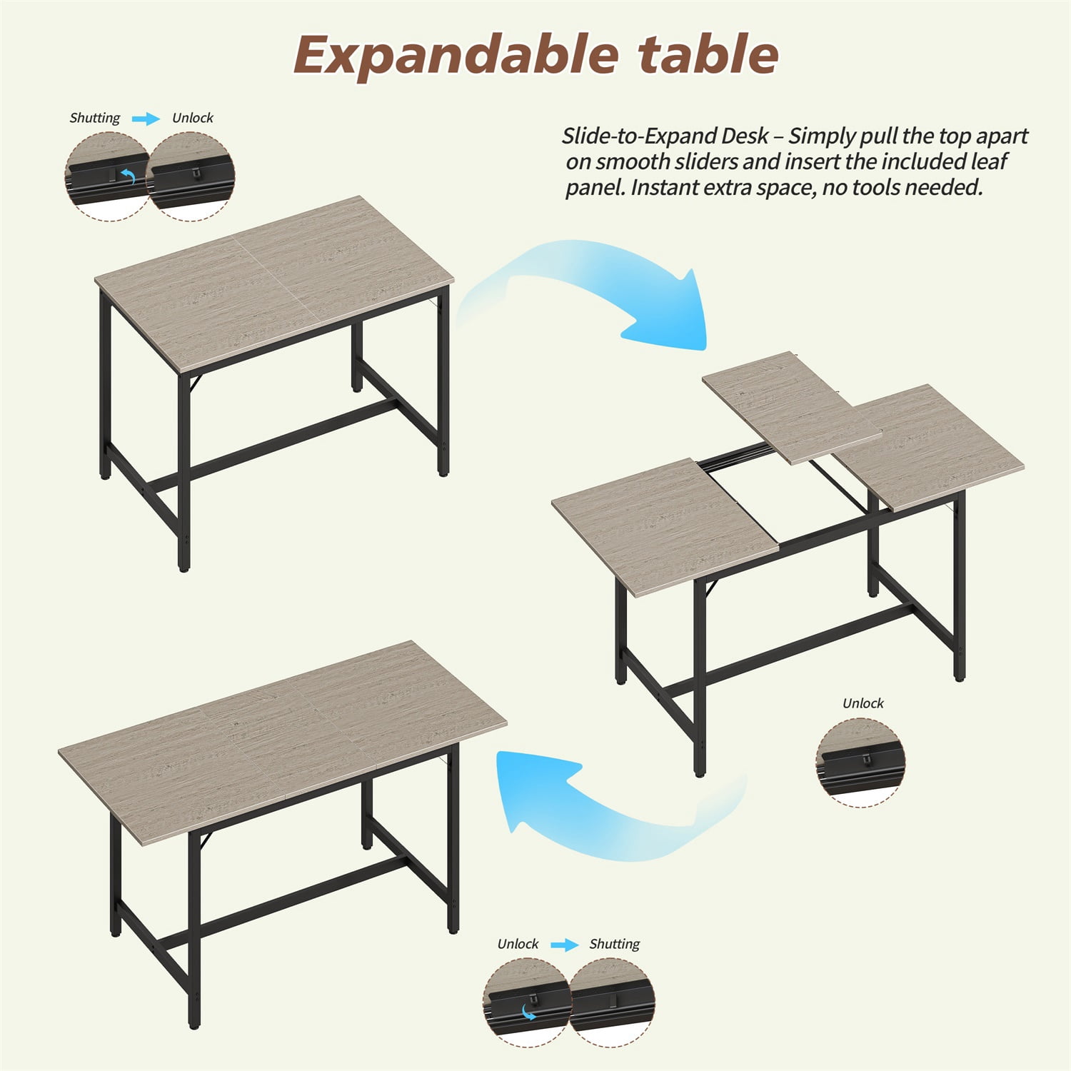 Hommoo 63" Expandable Dining Table Set for 4-8 People, Modern Extendable Kitchen Table with 2 Benches & 2 Stools, Wood Top & Metal Frame, Easy Assembly, Grey
