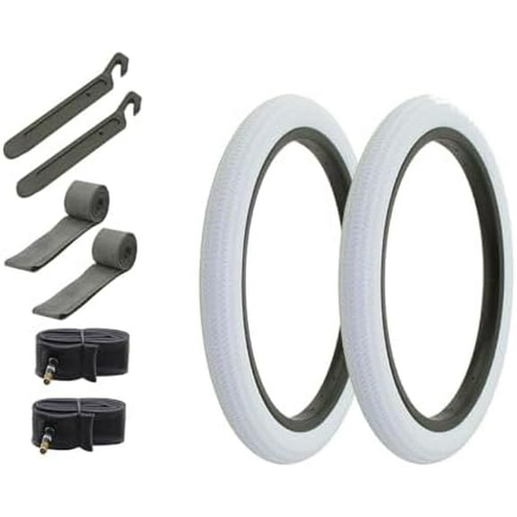 Bicycle 18" x 1.95" All White 2 Tires W/Tubes, Strips, & Nylon Levers AL-1031 Smooth BMX Freestyle Bike Style | (Two Tire)   (Two Standard Tube)   (Two Lever)   (Two Rim Strip)