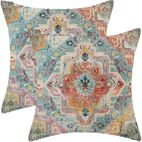 Boho Pillow Covers 20x20 Inch Set of 2, Bohemian Carpet Vintage Pattern Decorative Throw Pillowcase Boho Colourful Retro Linen Outdoor Farmhouse Cushion Cover for Sofa Couch Bed Living Room